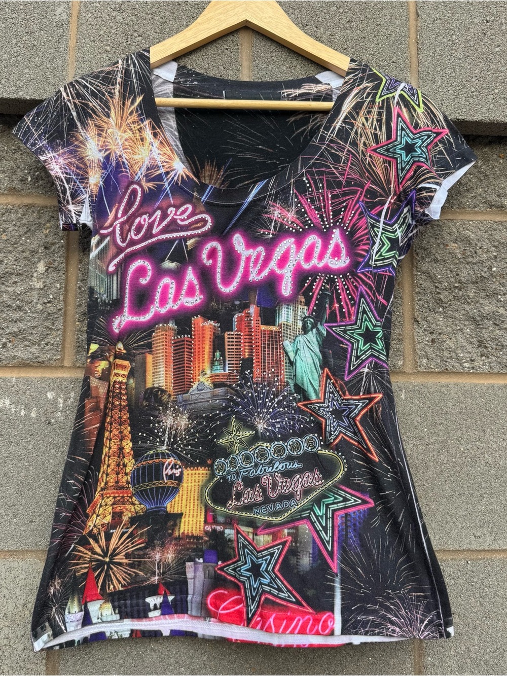 Women’s Y2K Las Vegas All Over Print Rhinestone Tee Large